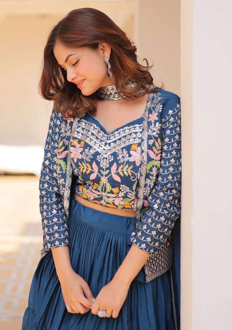 Rama Green Embroidered Chinon Lehenga Set - Indya