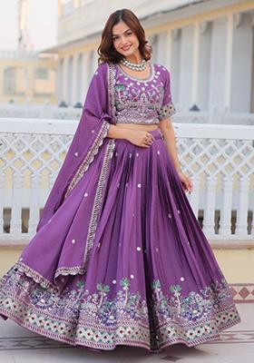 Purple Embroidered Chinon Lehenga Set