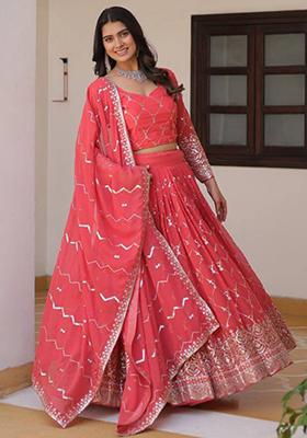 Pink Embroidered Georgette Lehenga Set