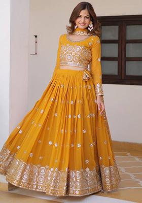 Mustard Yellow Embroidered Georgette Lehenga Set