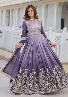 Purple Embroidered Chinon Lehenga Set