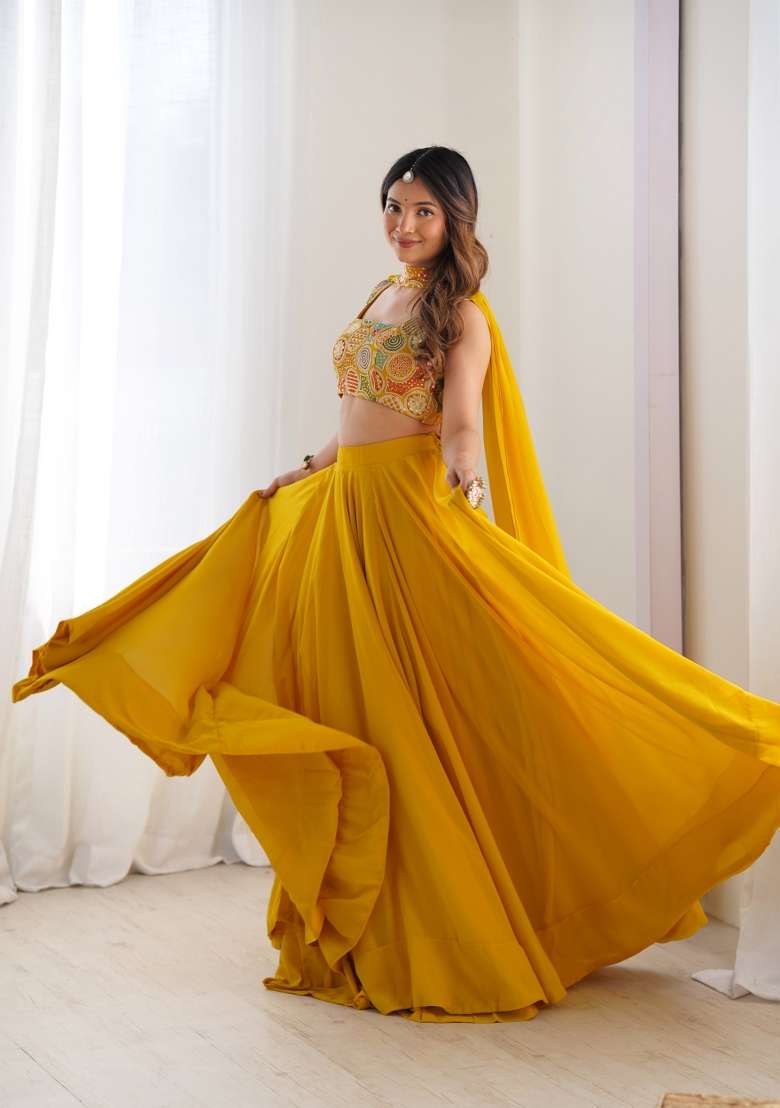Yelllow Zari Embroidered Georgette Lehenga Set for Diwali and Festive Wear - Indya
