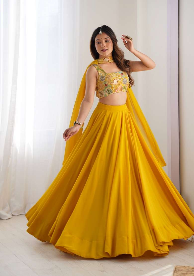 Yelllow Zari Embroidered Georgette Lehenga Set for Diwali and Festive Wear - Indya