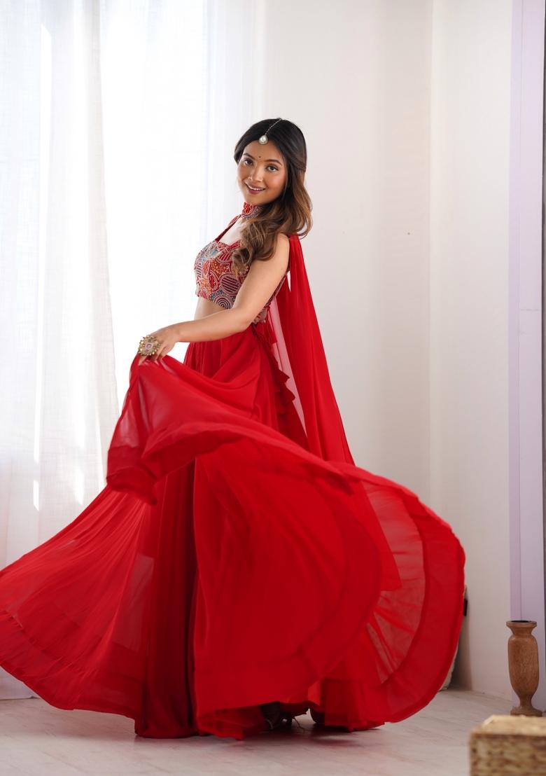 Red Zari Embroidered Georgette Lehenga Set