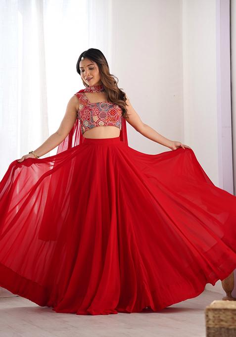 Red Zari Embroidered Georgette Lehenga Set