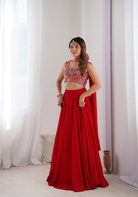 Red Zari Embroidered Georgette Lehenga Set