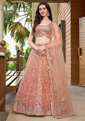 Peach Embroidered Net Lehenga Set