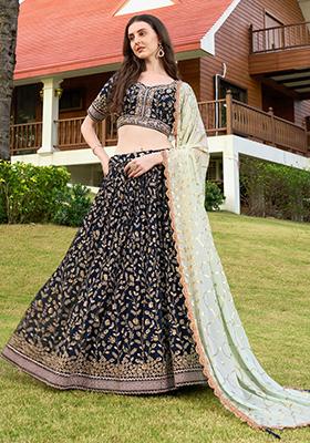 Blue Embroidered Georgette Lehenga Set