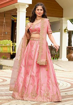 Pink Embroidered Satin Lehenga Set
