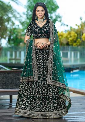Green Embroidered Velvet Lehenga Set