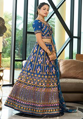 Blue Embroidered Silk Lehenga Set