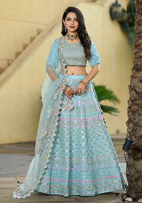 Blue Embroidered Silk Lehenga Set