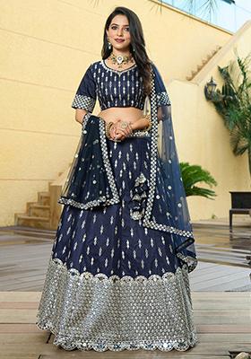 Blue Embroidered Silk Lehenga Set