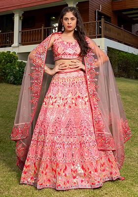 Pink Embroidered Georgette Lehenga Set