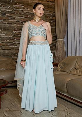 Blue Embroidered Georgette Lehenga Set