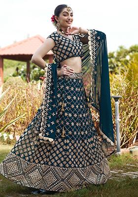 Blue Embroidered Georgette Lehenga Set
