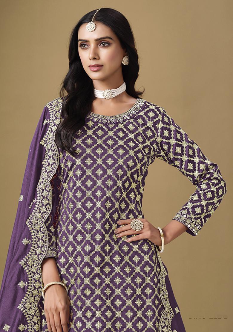 Purple Embroidered Silk Lehenga Set