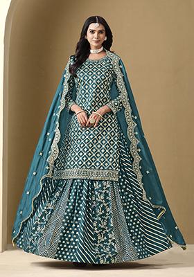Teal Blue Embroidered Silk Lehenga Set