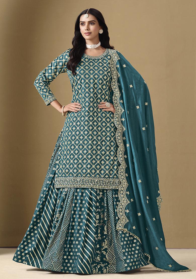 Teal Blue Embroidered Silk Lehenga Set