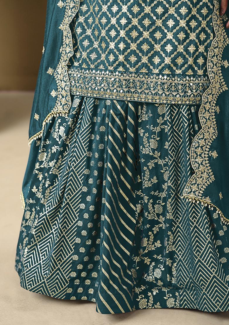 Teal Blue Embroidered Silk Lehenga Set