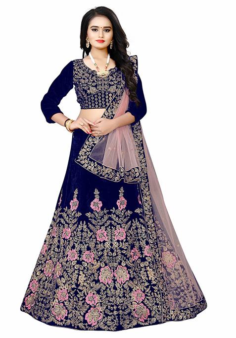 Navy Blue Embroidered Velvet Lehenga Set
