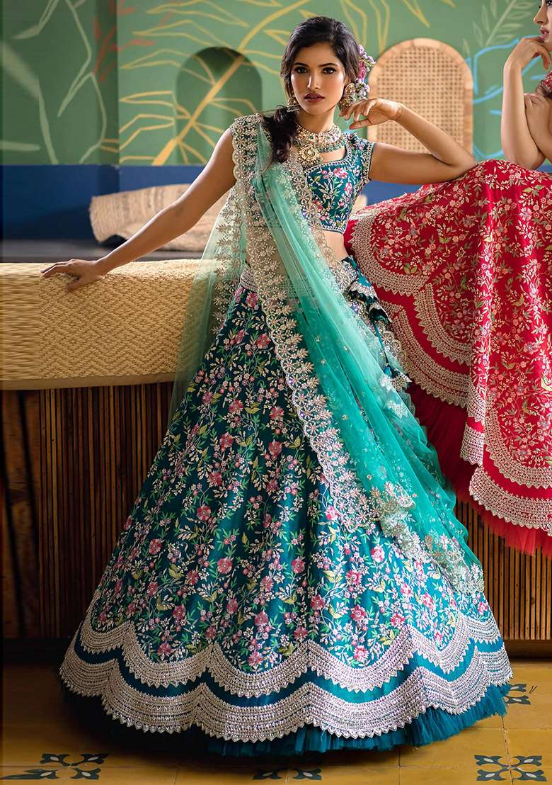 Aqua Blue Embroidered Silk Blend Lehenga Set for Diwali and Festive Wear - Indya