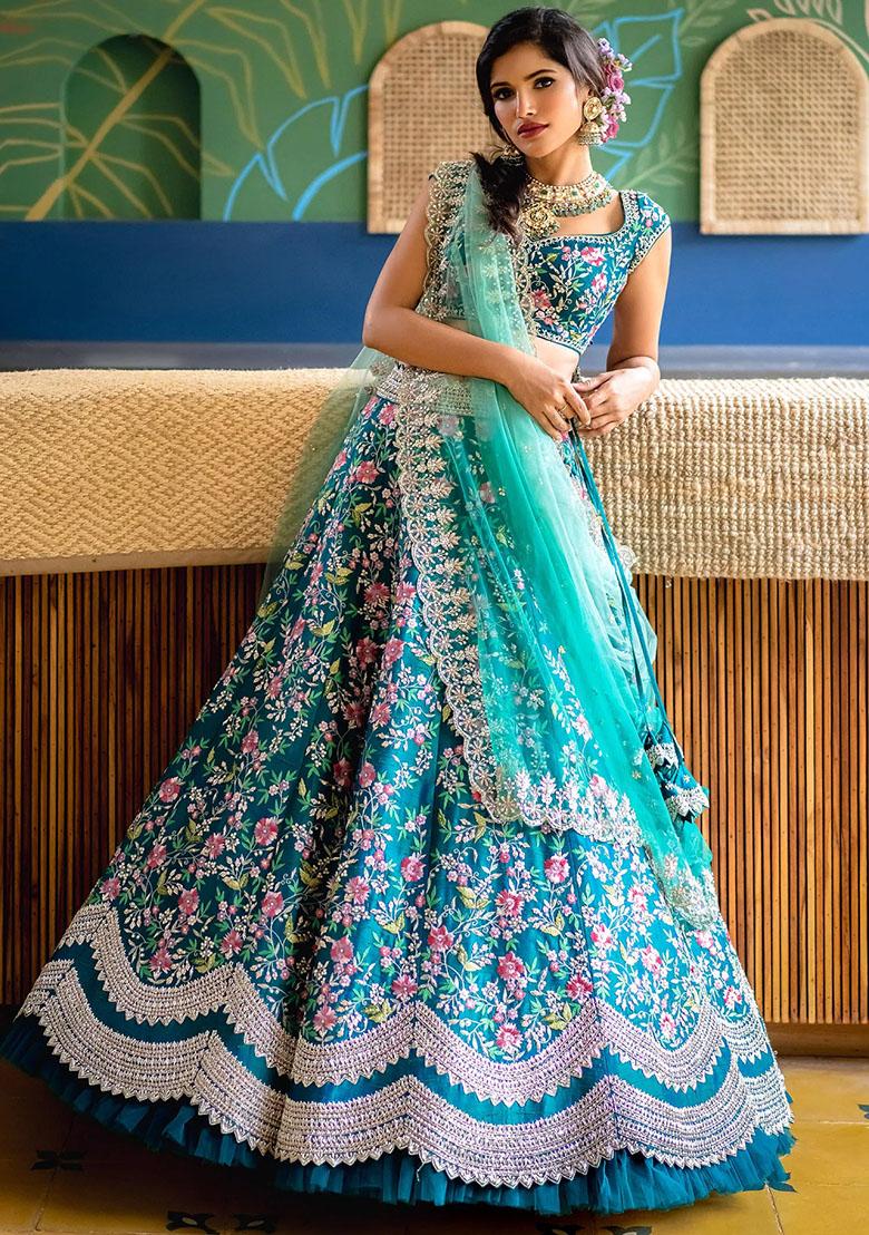 Aqua Blue Embroidered Silk Lehenga Set - Indya