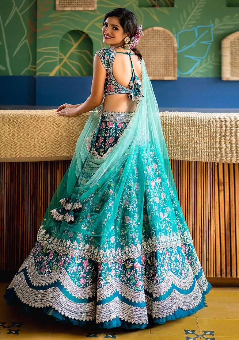 Aqua Blue Embroidered Silk Blend Lehenga Set for Diwali and Festive Wear - Indya
