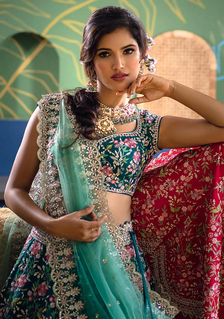 Aqua Blue Embroidered Silk Lehenga Set - Indya