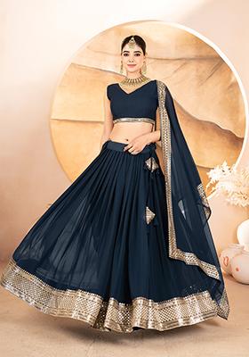 Blue Embroidered Cotton Lehenga Set