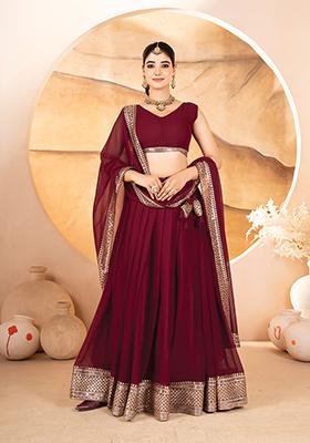 Maroon Embroidered Cotton Lehenga Set
