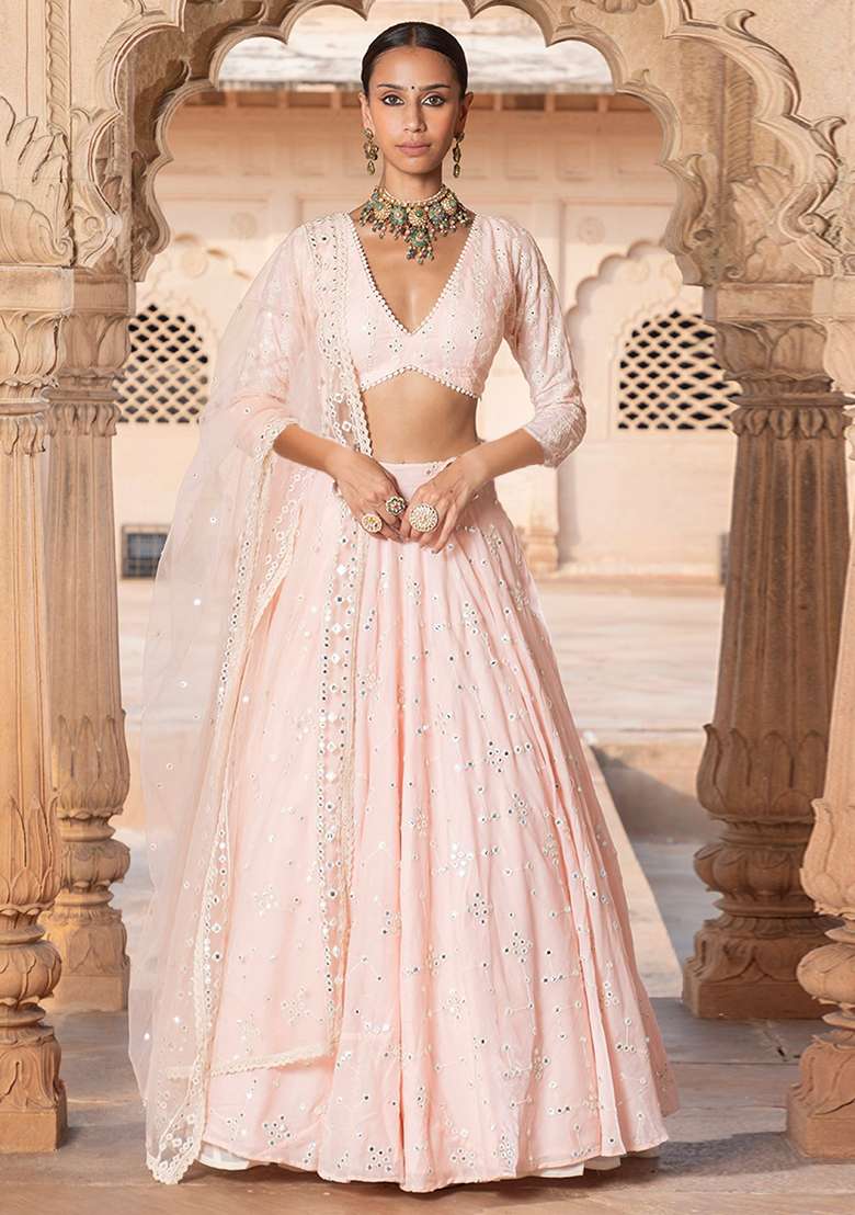 Peach Cotton Lehenga Set with Embroidered & Sequin for Diwali | Wedding & Festive Wear - Indya