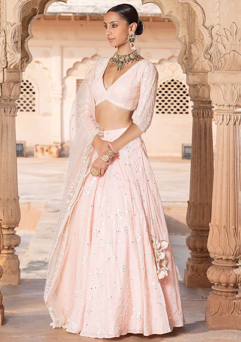 Peach Cotton Lehenga Set with Embroidered & Sequin for Diwali | Wedding & Festive Wear - Indya