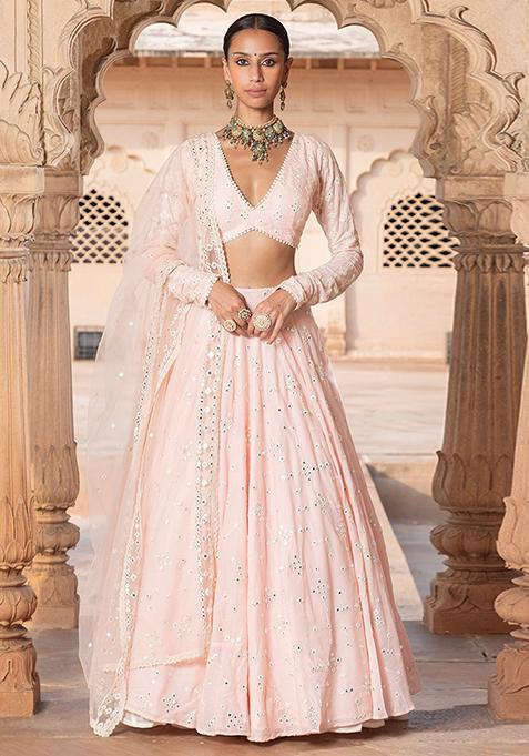 Peach Sequin Embroidered Cotton Lehenga Set
