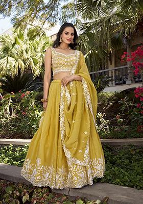 Yellow Embroidered Cotton Lehenga Set
