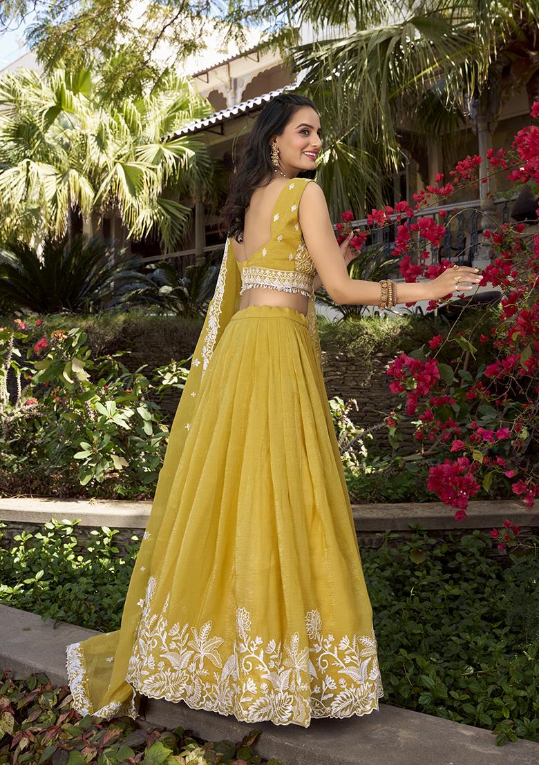 Yellow Embroidered Cotton Lehenga Set