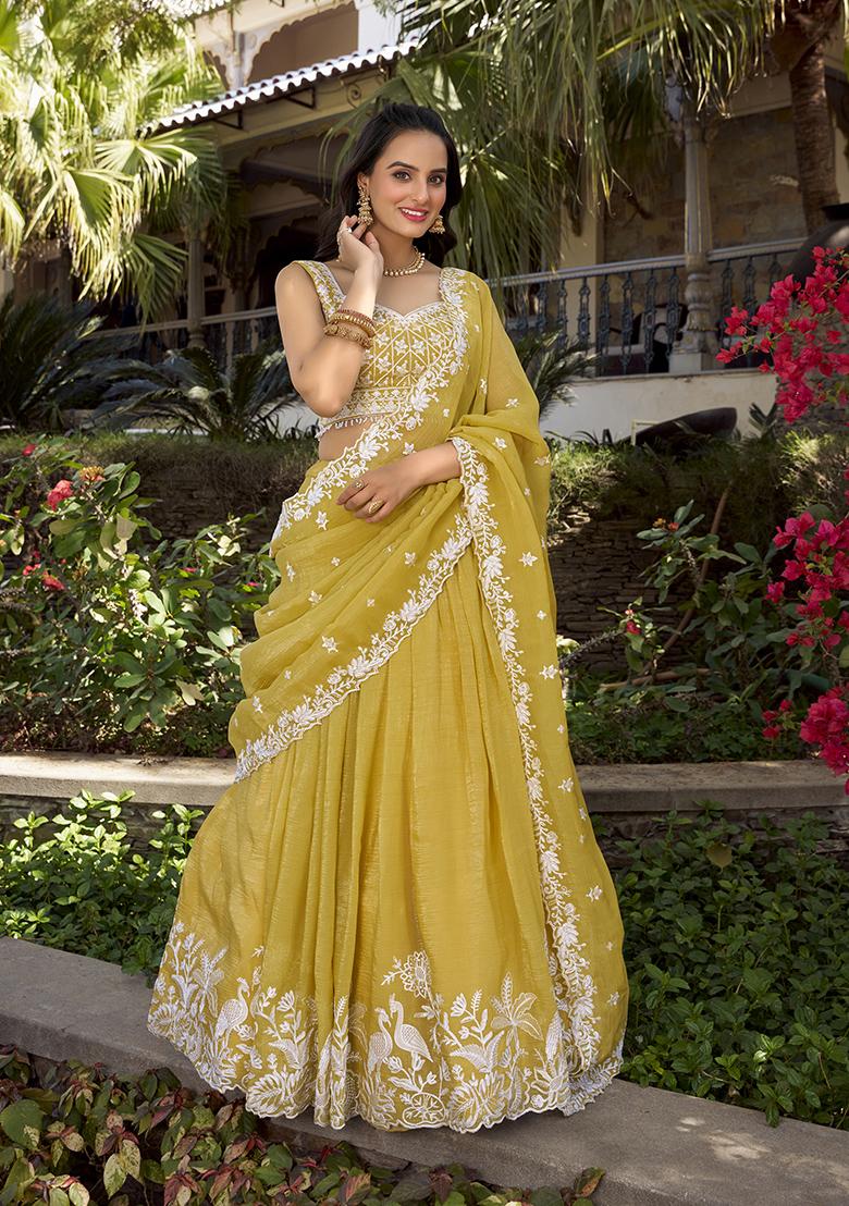 Yellow Embroidered Cotton Lehenga Set