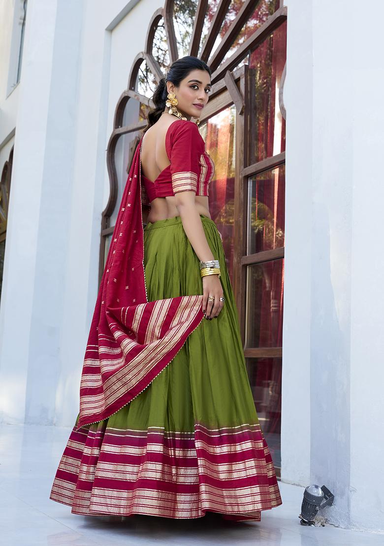 Mehendi Green Solid Chanderi Lehenga Set