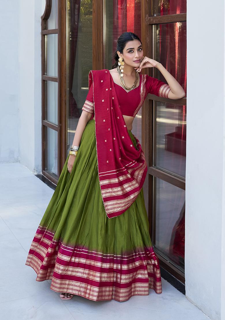 Mehendi Green Solid Chanderi Lehenga Set