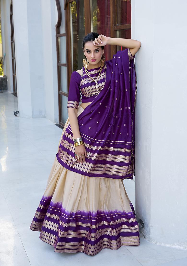 Off White Solid Chanderi Lehenga Set