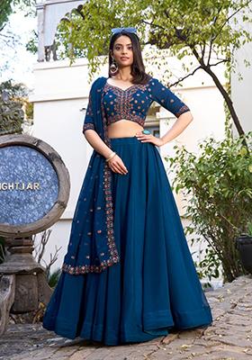 Blue Embroidered Cotton Lehenga Set