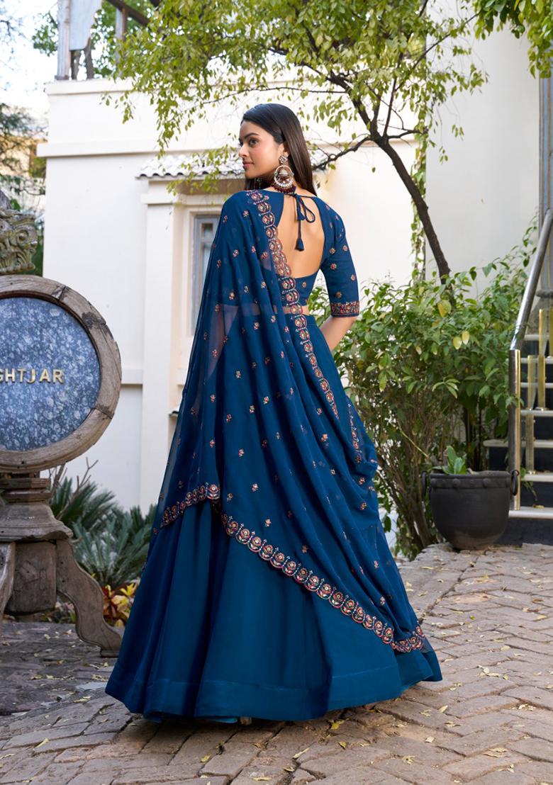 Blue Embroidered Cotton Lehenga Set