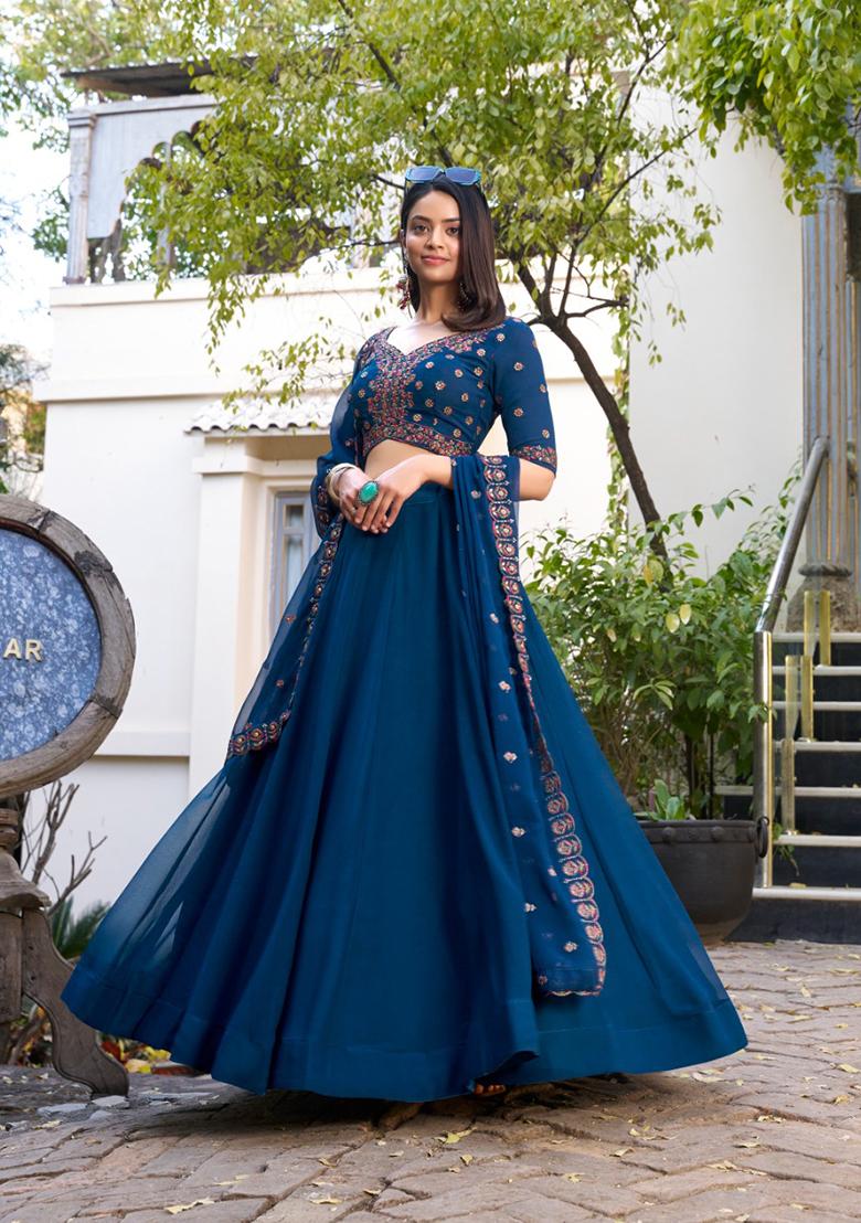 Blue Embroidered Cotton Lehenga Set