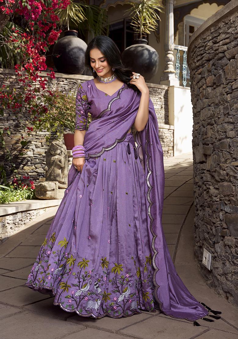 Lavender Embroidered Cotton Lehenga Set