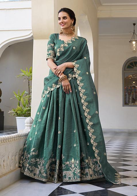 Teal Blue Embroidered Cotton Lehenga Set
