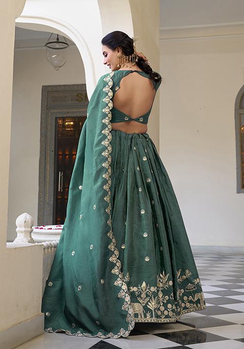 Teal Blue Embroidered Cotton Lehenga Set