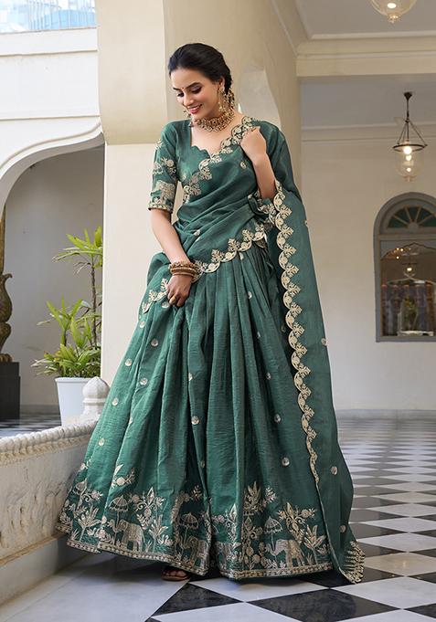 Teal Blue Embroidered Cotton Lehenga Set