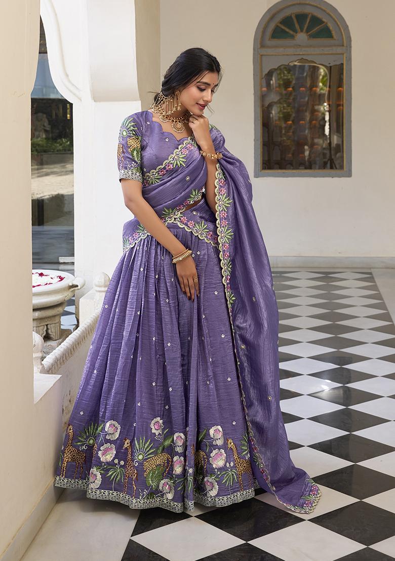 Lavender Embroidered Cotton Lehenga Set