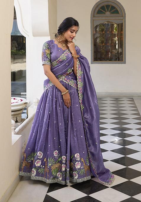 Lavender Embroidered Cotton Lehenga Set