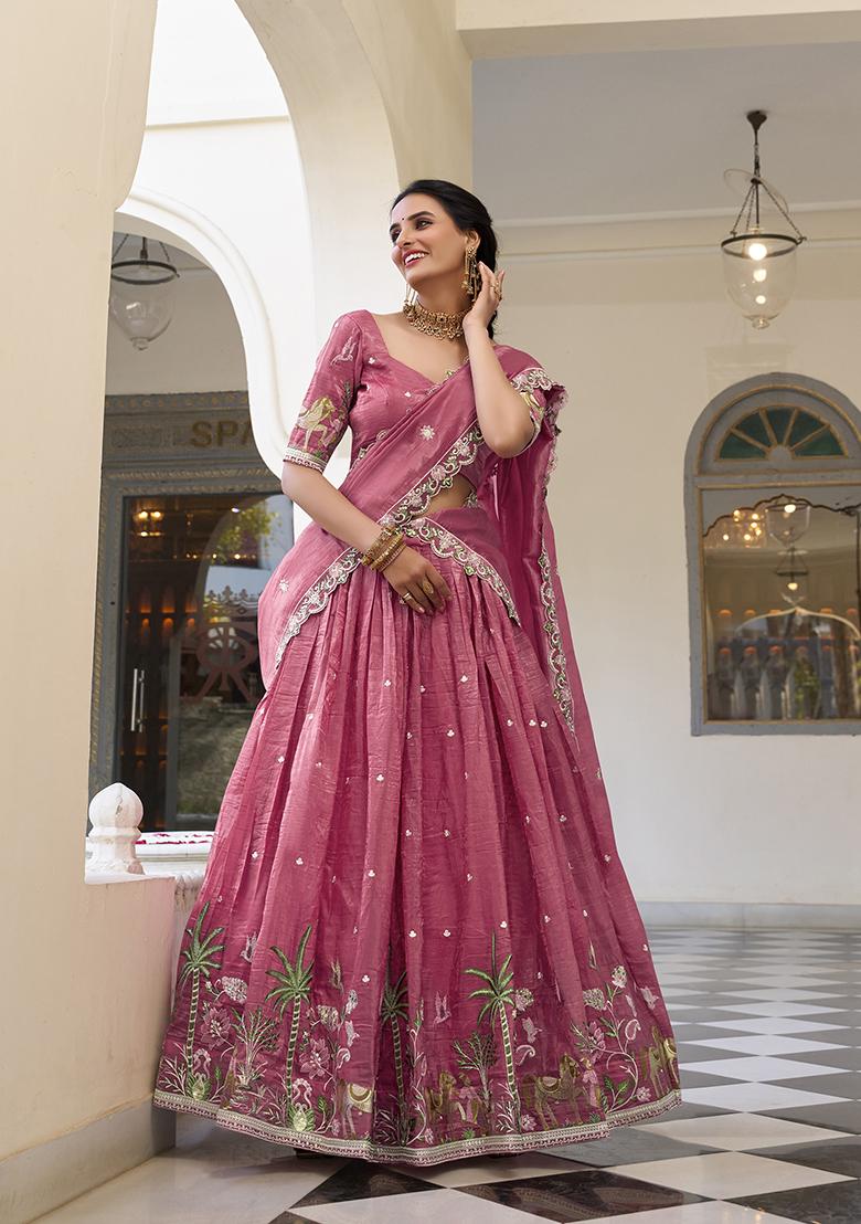 Pink Embroidered Cotton Lehenga Set